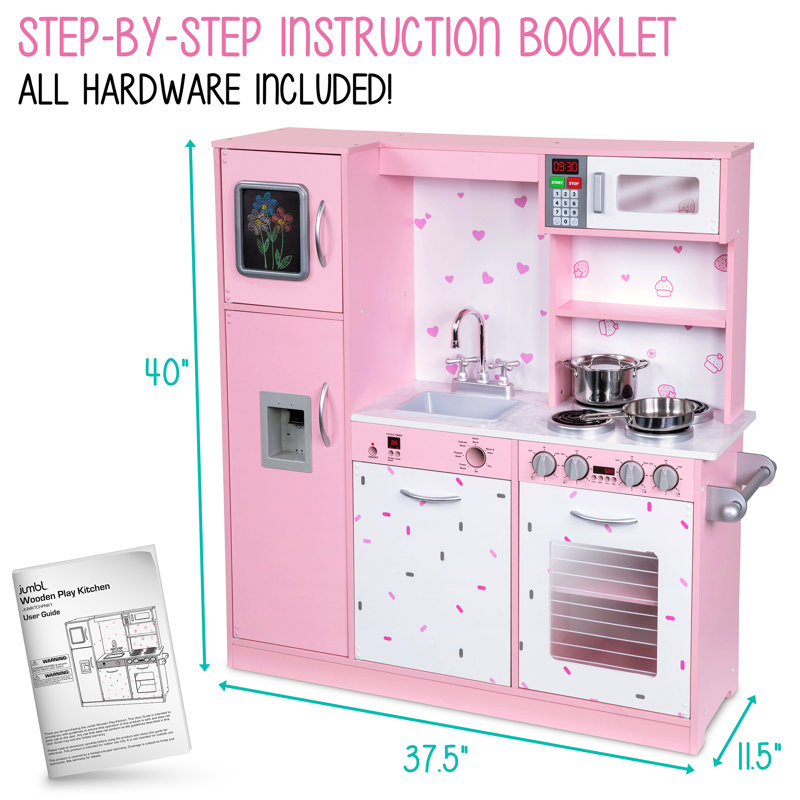 Lil Jumbl Kids Kitchen Set Wooden Pretend Play Kitchen with Sounds Accessories Pink Sprinkles
